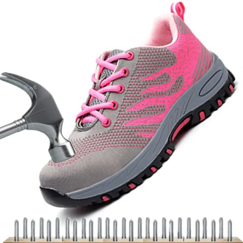 Размер 36-46, унисекс, рабочие ботинки, Мужская защитная обувь, сетчатые сапоги со стальным носком, рабочая обувь, мужская обувь, уличная безопасность, сапоги - Цвет: Pink