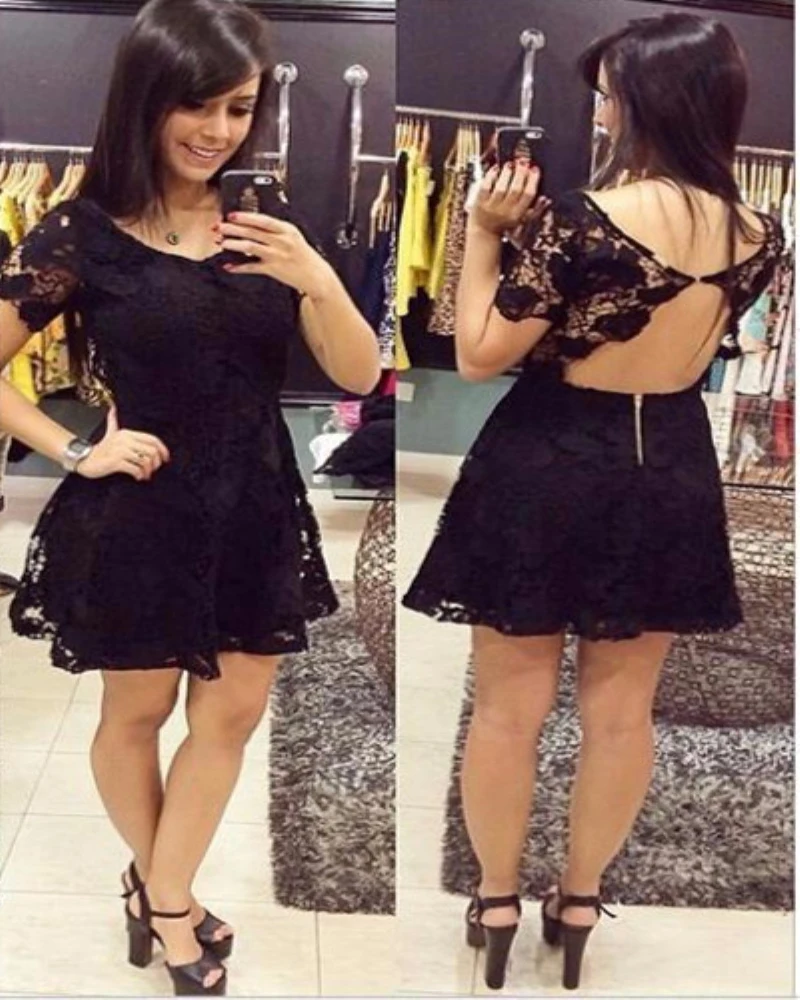 À Manches courtes Noir Dentelle Robe De Bal Sexy Dos Ouvert Mini D\u0027été Dresse