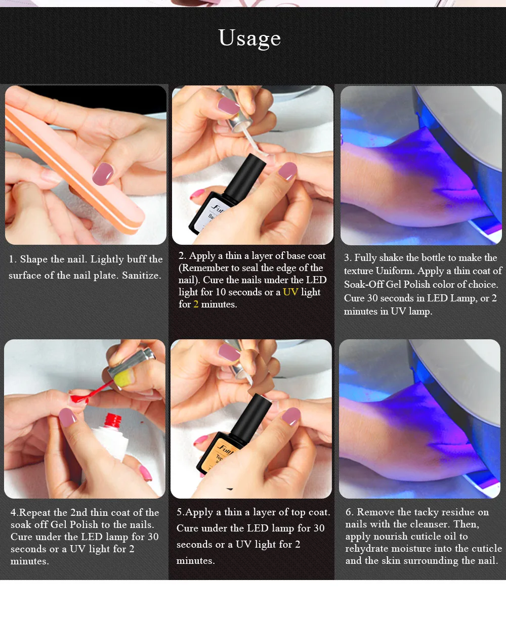 Fulljion Топ Базовое покрытие для ногтей для Полимеризации Гель-светодиодный био-Гели Soak Off Гель Лаки стойкий Гель-лак для ногтей верхний слой и Базовое покрытие для ногтей