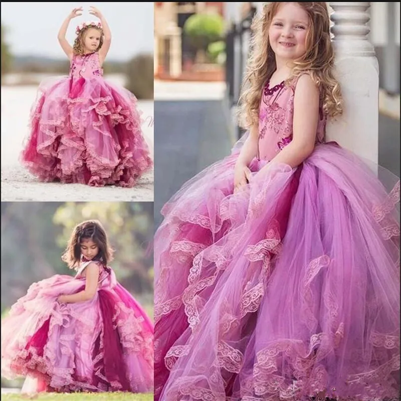 

Lovely Toddlers Pageant Gowns Tulle Tiered Flower Girl Dress with Ruffles Lace Girls Pageant Gowns Custom Made Ball Gown Longo