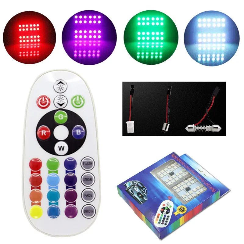 New T10 BA9S Adapters RGB 5050 24SMD LED Panel Dome Light Auto Remote