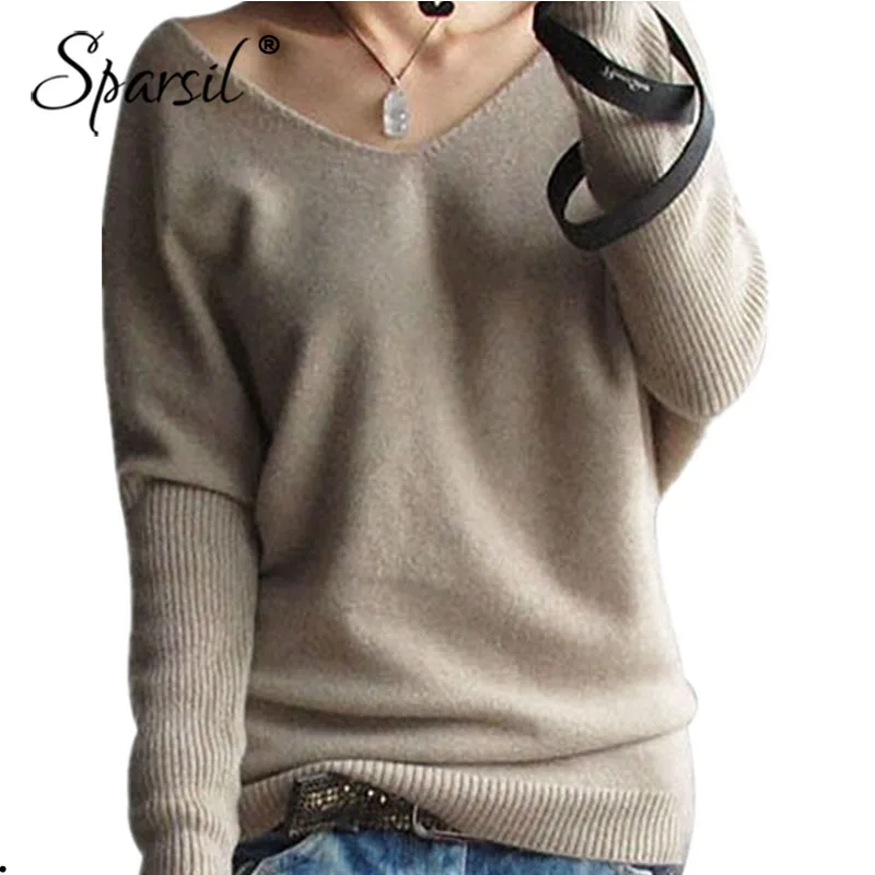 Sparsil Women Spring V Neck Cashmere Sweater Batwing Sleeve Solid Color Knitted Pulloves Fashion Soft Wool Knitwear Plus Size
