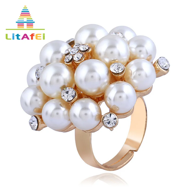 

Gold Color Alloy Rhinestone Pearl Finger Adjustable Rings for Women Trendy Punk Style Wedding Party Ring Jewelry