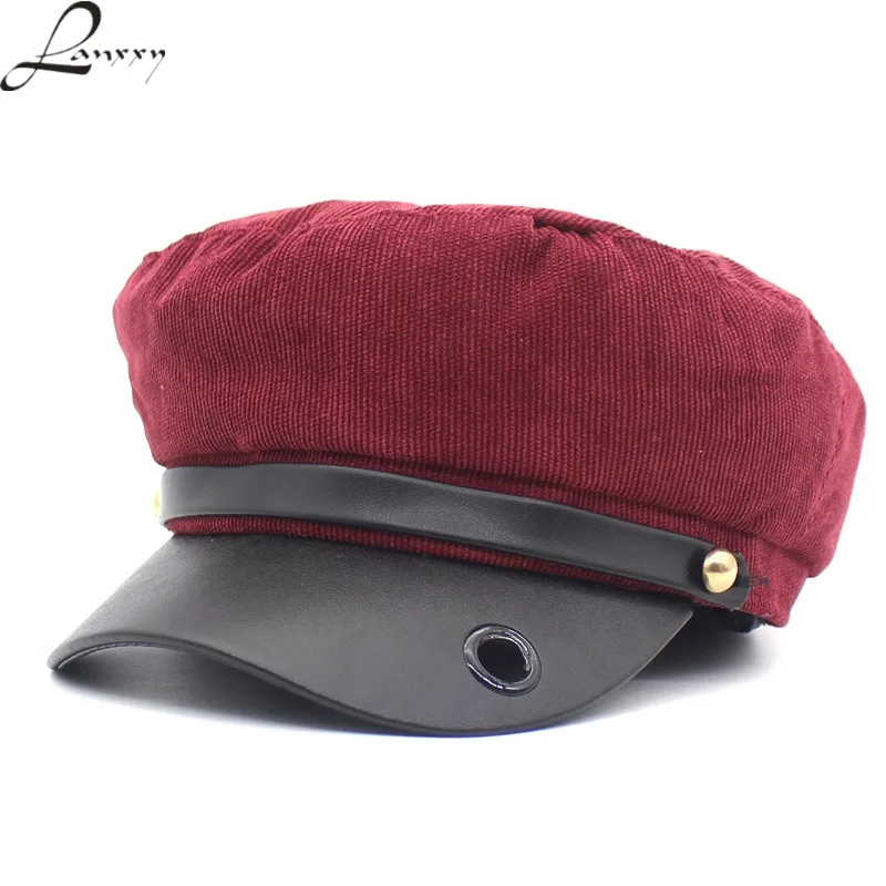 Lanxxy Новая мода патч военная шляпа Для женщин ретро ПУ Брим Casquette вельвет военные шапки с плоским Hat