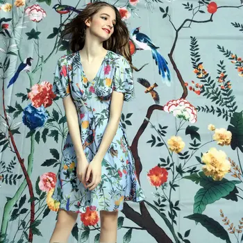

blue and pink color trees with birds print silk satin fabric,polyester fabric for women dress tissue imitate silk fabric