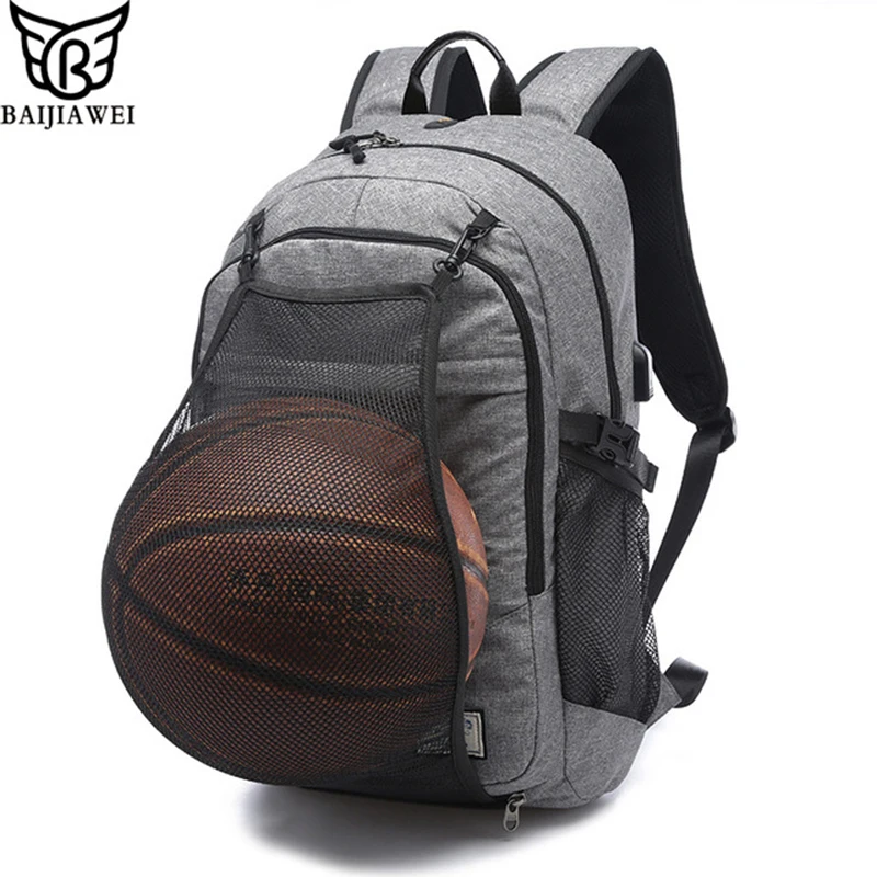 

BAIJIAWEI New Men's Laptop Backpacks USB Charging Backpack Notebook Bags Ball Net Men School Backpack Portable Travel Bags