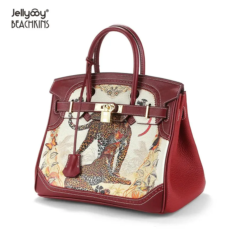 

Jellyooy Beachkins Women's Padlock Flap Genuine Leather Handbags Animal Prints Colorful Printing Lace Trim Lichee Handbag