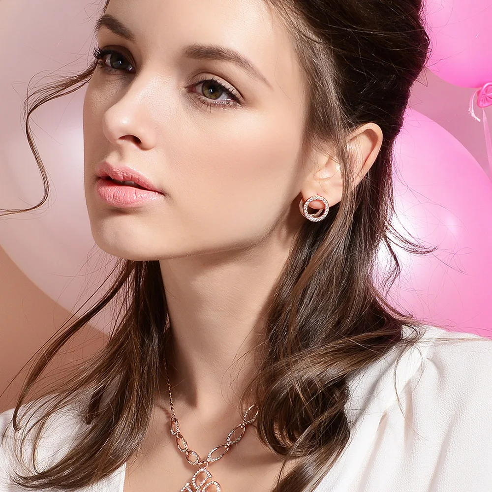 

Viennois Rose Gold & Silver Color Double Circle Stud Earrings For women Rhinestone Paved Round Earrings