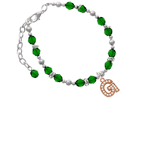 Rose Goldtone Crystal Initial - G - Green Beaded Bracelet