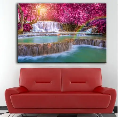 Вышивка 1 шт. большой размер осень водопад пейзаж настенные картины для гостиной HD Холст Картина маслом домашний декор плакаты - Цвет: as pictures