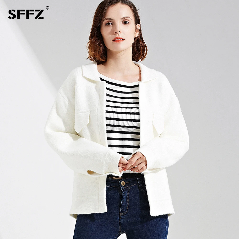 Alta Moda Cortas White Caqui Abierto Casual Chaquetas Señora Suéter 4zYwOxqpx