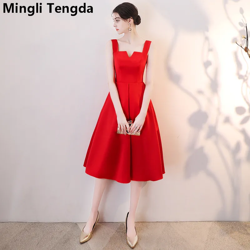 

Mingli Tengda Red V Neck Bridesmaid Dress Spaghetti Straps Bridesmaid Dresse Elegant Satin Dress 2018 robe demoiselle d'honneur