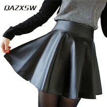 QAZXSW Casual Pleated Skirt Women Mini Style Faux Leather Skirts Kilt Winter Vintage Tartan Umbrella Solid Skirts YC158