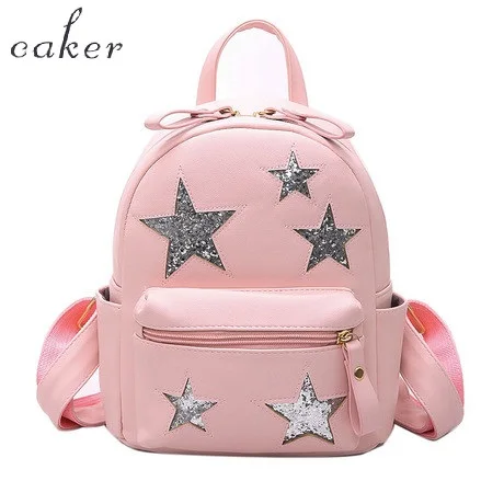 Caker Brand Women Pink Sequined Backpack Fashion Top Star Black Shoulder Bags For Teenagers Shopping School