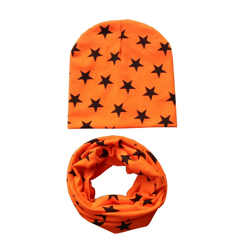 orange stars Г. Весенний Детский комплект с шапкой, осенне-зимний шарф с воротником для мальчиков и девочек, теплый шейный платок, детские вязаные шапки, комплекты хлопковая детская шапка, шарф - Цвет: orange stars