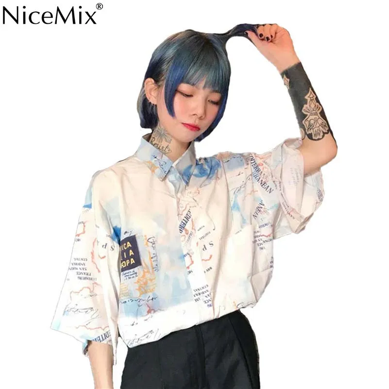  NiceMix Summer Harajuku Blouse Short Sleeve Womens Shirt Digtal Print Map Tops And Blouses Casual B