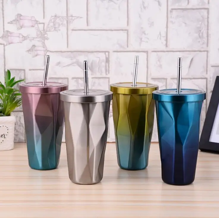 Cute Coffee Cup Stainless Steel Insulation Mug Cafe Mug Double Walled Vacuum Flask Thermoses Starbucks Coffee Cup with Straw