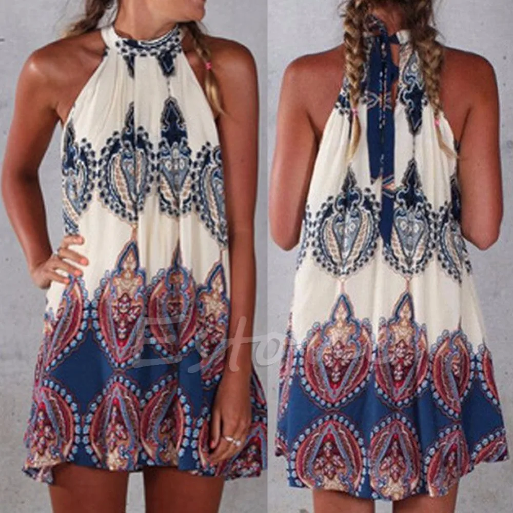 

S-2XL Sexy Women Boho Summer Beach Short Mini Dress Sleeveless Party Cocktail Hot