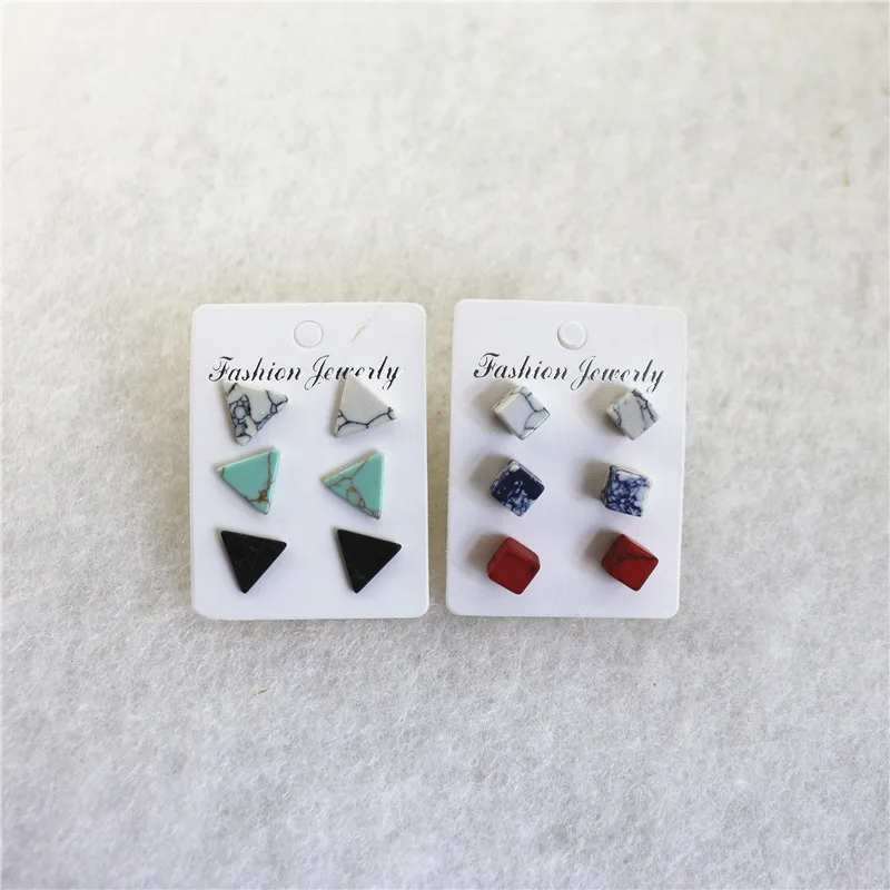 

3 pairs/card Europe United States new simple triangular Square green ston earrings fashion temperament small stuad earrings