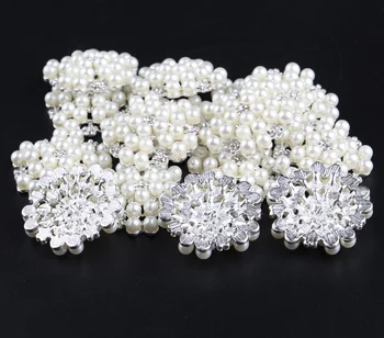 

(50pcs/lot)32mm Chic Silver Base Pearl Crystal Rhinestone Button Artificial Flatback Alloy Button For Baby Girl Headbands