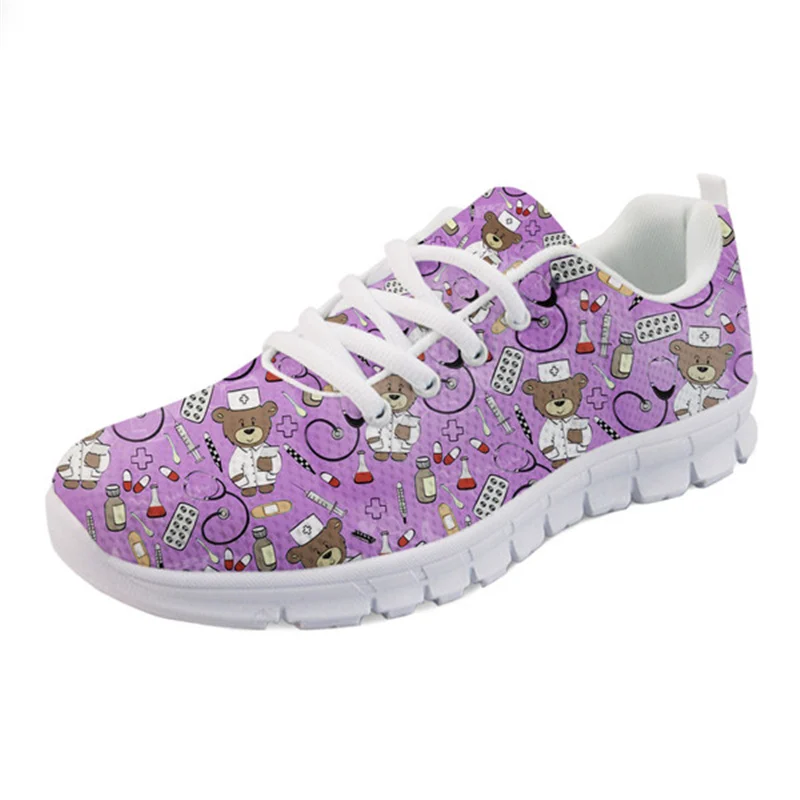 

THIKIN 3D Cartoon Nurse Bear Flats Shoes Women Sneakers Comfortable casual Lightweight Nursing Ladies Lace-Up Shoes Flats