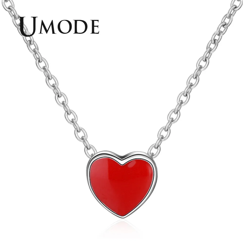 

UMODE New 2018 Cute Heart Long Link Pendant Necklace for Women White Gold Chains Girls' Fashion Jewelries Red Stone Gift AUN0294