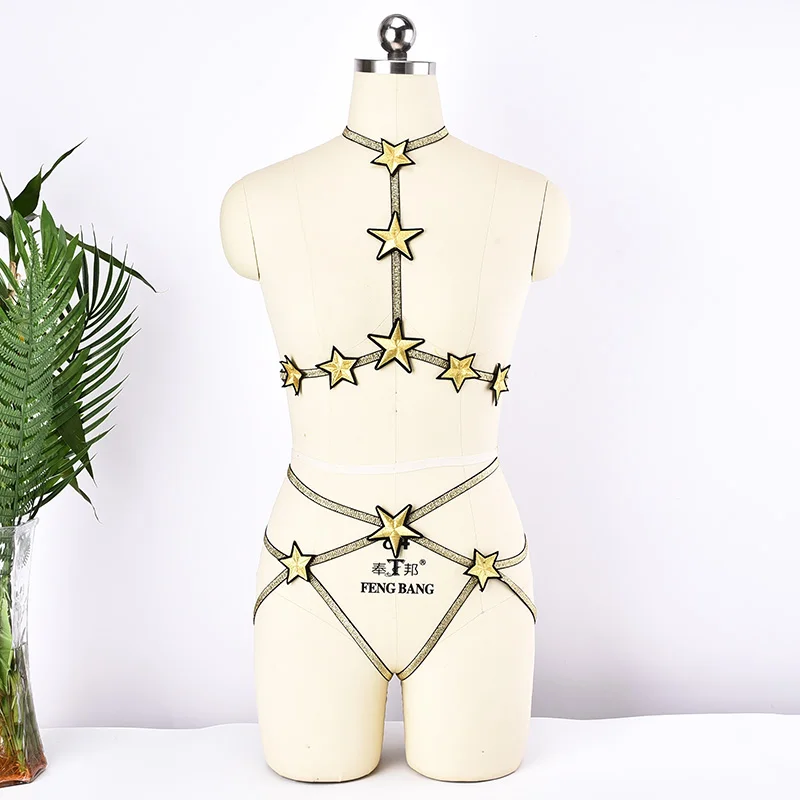

Women Pentagram Harness Set Gothic Fetish Gold Sparkling Hanging Neck Bondage Harness Harajuku Pentagram Panties Sexy Briefs