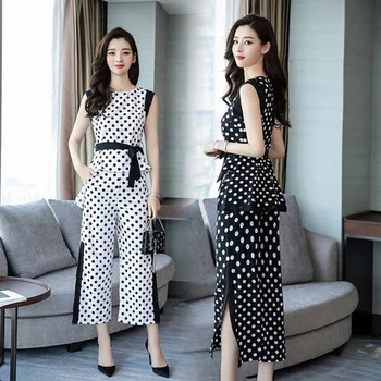 

Summer women's Pant Suits 2 Piece Sets Chiffon Sashes Blouse & Wide leg pants Women Set 2019 Female Clothing Women's office