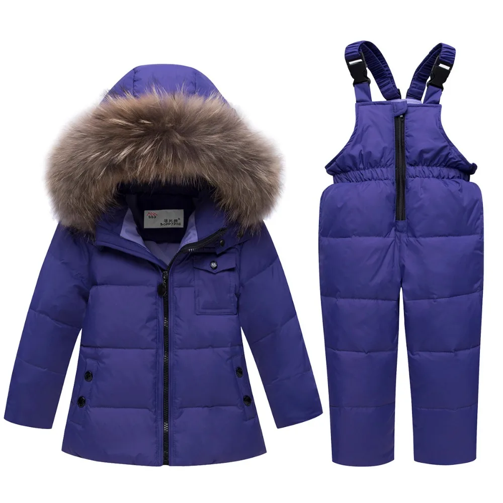Комплекты зимней одежды для детей теплые лыжные костюмы для маленьких мальчиков зимние комбинезоны с натуральным мехом, пуховики для девочек, верхняя одежда, пальто+ комбинезон на подтяжках