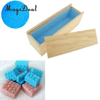 

Silicone Loaf Soap Making Molds with Rose Pattern + Wood Box with Double Cover for Cake Toast Baking Candle Chocolate Making DIY
