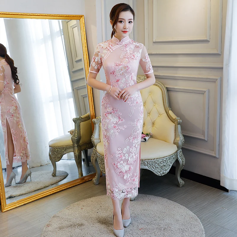 

New Arrival Chinese Style Long Cheongsam Fashion Summer Women's Lace Dress Elegant Slim Qipao Vestidos Size S M L XL XXL 72890