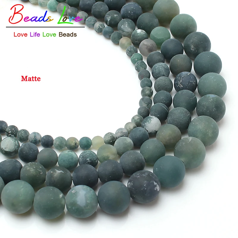 Natural Stone Beads Dull Polish Matte Green Moss Agata Stone Round ...