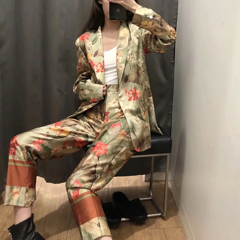 

Short Suit 2-piece Set Women Floral Shirt + Buctton Fly Pants Casual Women Casual Suit Spring Vintage Female Fashion Set