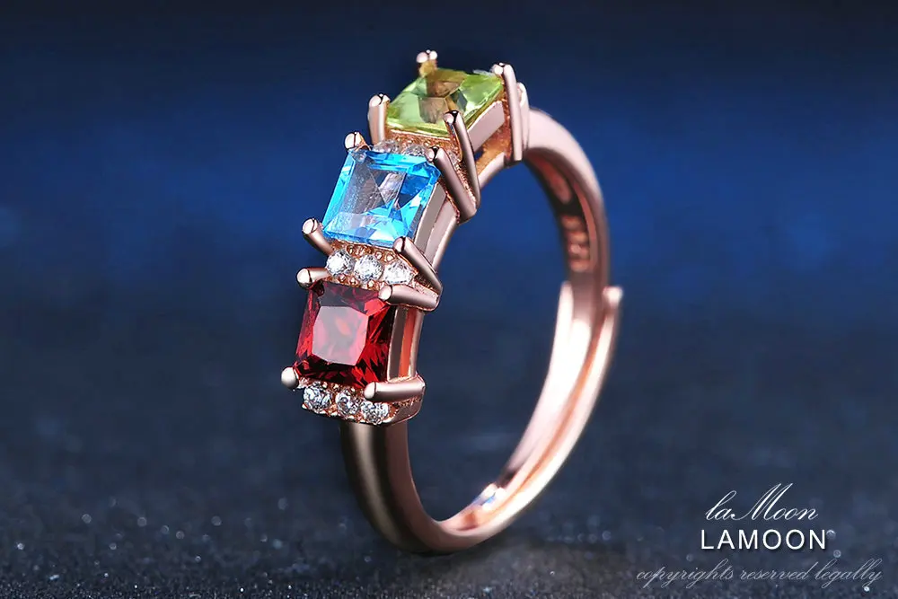 LAMOON 1.5ct 5 мм квадратный Красный Гранат Зеленый Перидот Голубой топаз 925 пробы-серебро-ювелирные изделия обручальное кольцо для женщин LMRI010