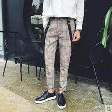 Мужская одежда Обувь для мальчиков плед комбинезон модные штаны С НАБОРНЫМИ БРЕТЕЛЬКАМИ конус Штаны мужской тренд повседневные штаны костюмы