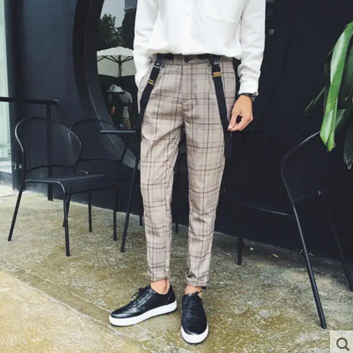 2017 men's clothing Boys plaid bib pants fashion spaghetti strap taper male the trend casual costumes | Мужская одежда