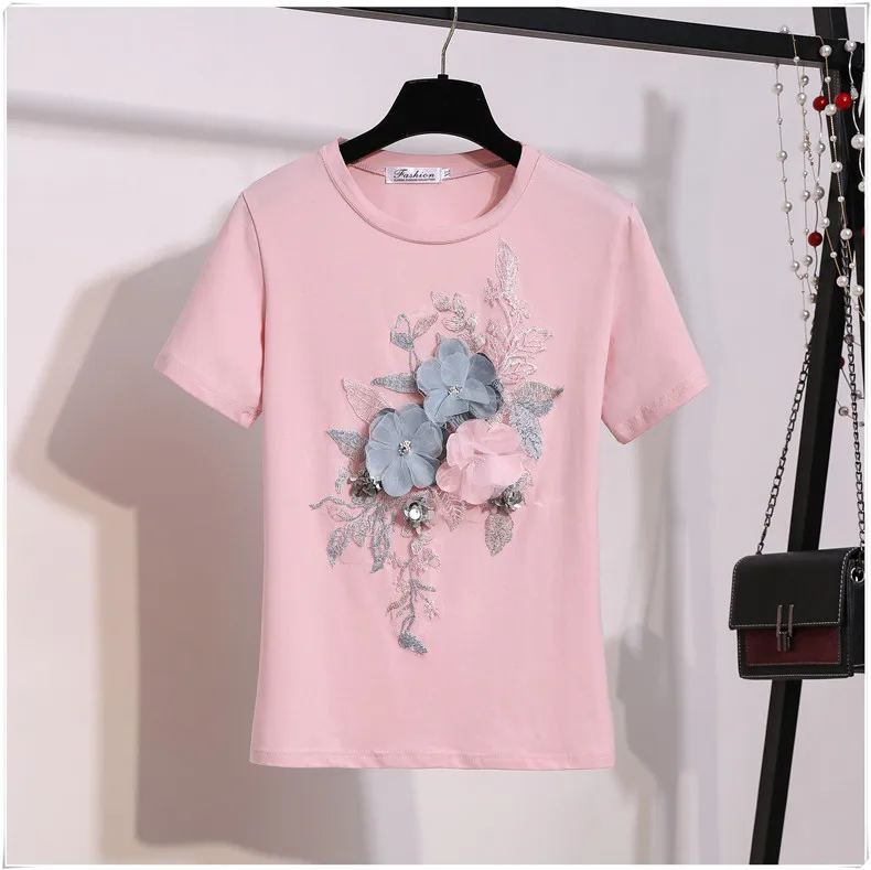 Летняя вышивка бисером цветок футболки женская футболка женские с короткими рукавами