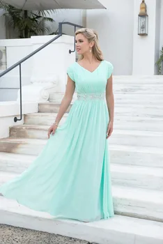 

Mint Long Modest Bridesmaid Dresses Long Floor With Cap Sleeves Beaded Ruched V neck Formal Wedding Party Dresses