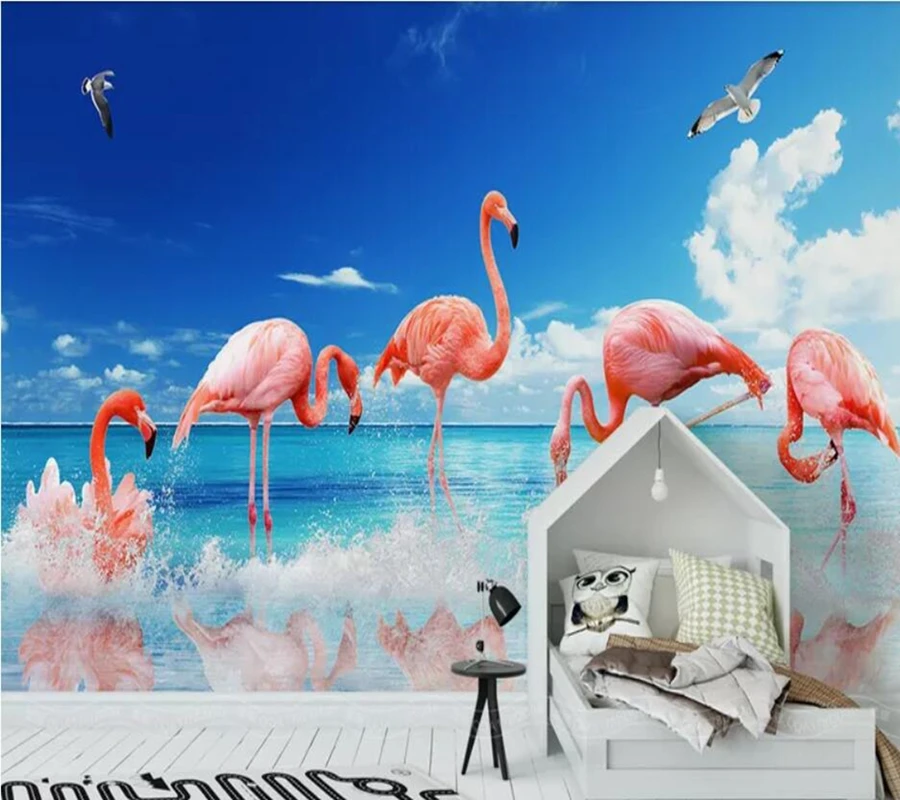 

Papel de pared Modern fresh sea flamingo children 3d wallpaper,living room sofa TV wall kids'room wall paper home decor mural