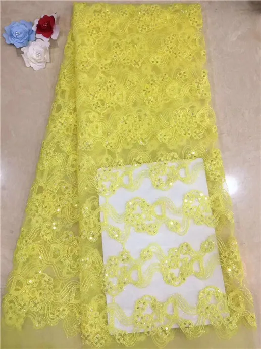 

2019 African high quality velvet sequence French Nigerian sequins net tulle mesh Swiss lace fabric for dress 5yards/lot yellow(2