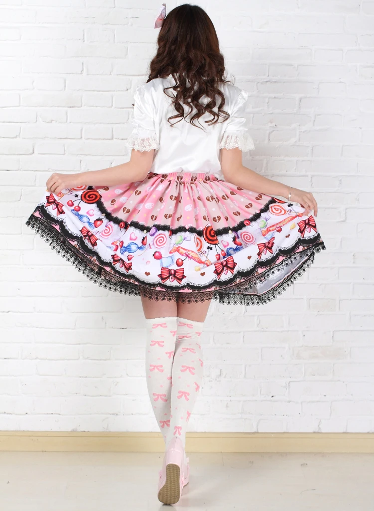 Лолита принцесса милые женские милые Япония kawaii розовый леденец печатных Плиссированные Юбки Женские вечерние юбки девушки модный галстук-бабочка sk
