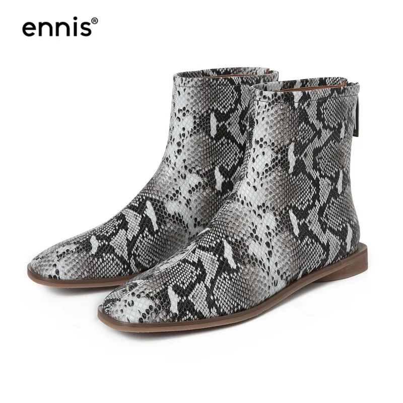 

ENNIS 2019 Women Snake Boots Autumn Winter Genuine Leather Ankle Boots Square Toe Ladies Flat Boots Black Casual Shoes New A993