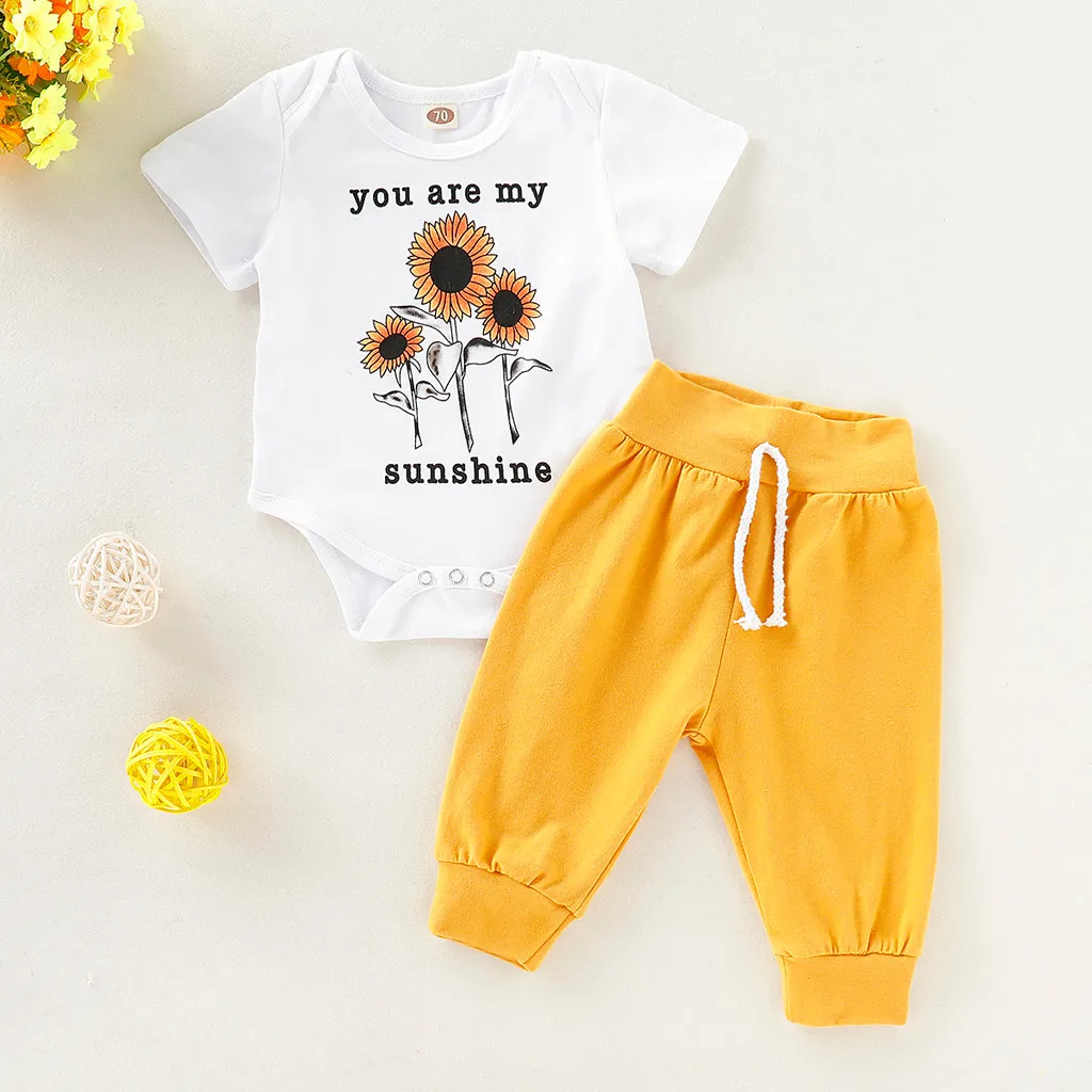 

print Floral Sunflower Romper Tops 2019 Cute Newborn Infant Baby Girl Boy Clothes Jumpsuit long Pants 2pcs Outfits Set 0-24M Age
