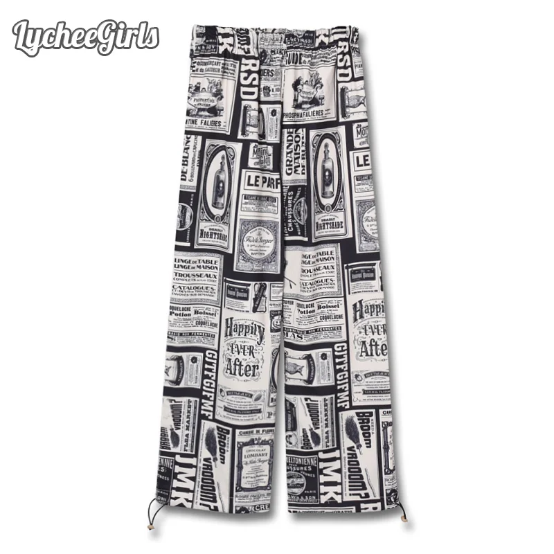 

Lychee Girls Newspaper Pattern Print Spring Autumn Women Pants Full Length Trousers Streetwear Casual Loose Pants