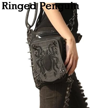 

Ringed Penguin 2017 Vintage & Rock Leather Gothic Retro Rivet Steampunk Purse locomotive messenger Shoulder Spider Waist Bag
