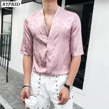 

New 2018 Summer Half Shirt Men Thin Fashion Casual Solid Color Good Quality Korean Style Loose Flower Shirt Men 3 Colors