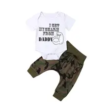 Модный комплект одежды из 2 предметов для новорожденных мальчиков, топы с короткими рукавами и принтом, комбинезон, камуфляжные длинные штаны летний комплект одежды