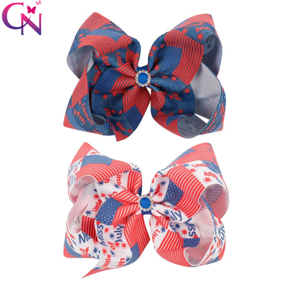 CN Hair Accessories 7&quotJumbo 3D American Flag Bow 4th Of July Printed Ribbon With Clip Girls Independence Day hair | Детская одежда