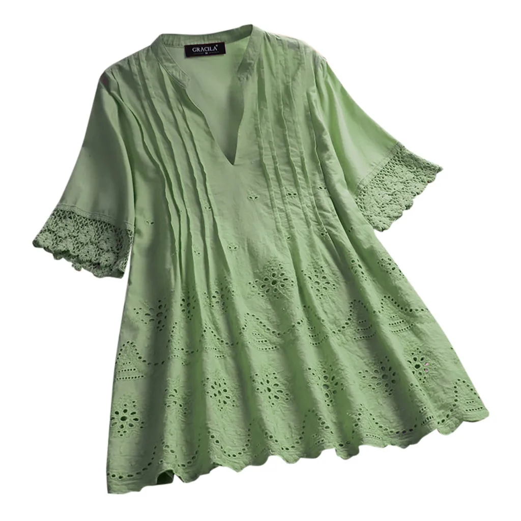 Женская винтажная кружевная одноцветная Повседневная блуза с v-образным вырезом и коротким рукавом, блуза blusas mujer de moda Руба женска#200 - Цвет: Зеленый