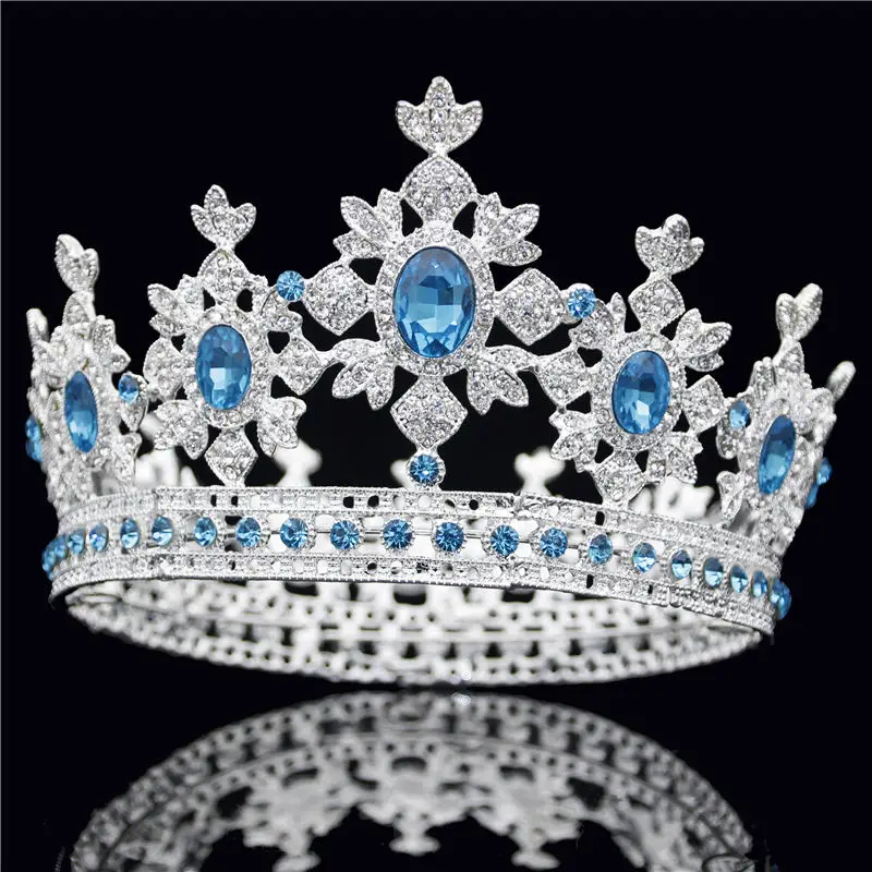 Bridal Crown for Queen King Tiara Diadem Blue Crystal Silver Tiaras and